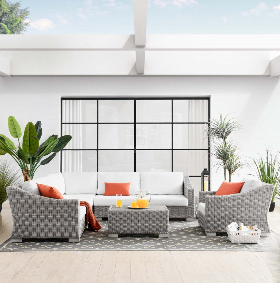 Lounge Sectional Sofa Chair Table Set, Rattan, Wicker, Gray White, Outdoor