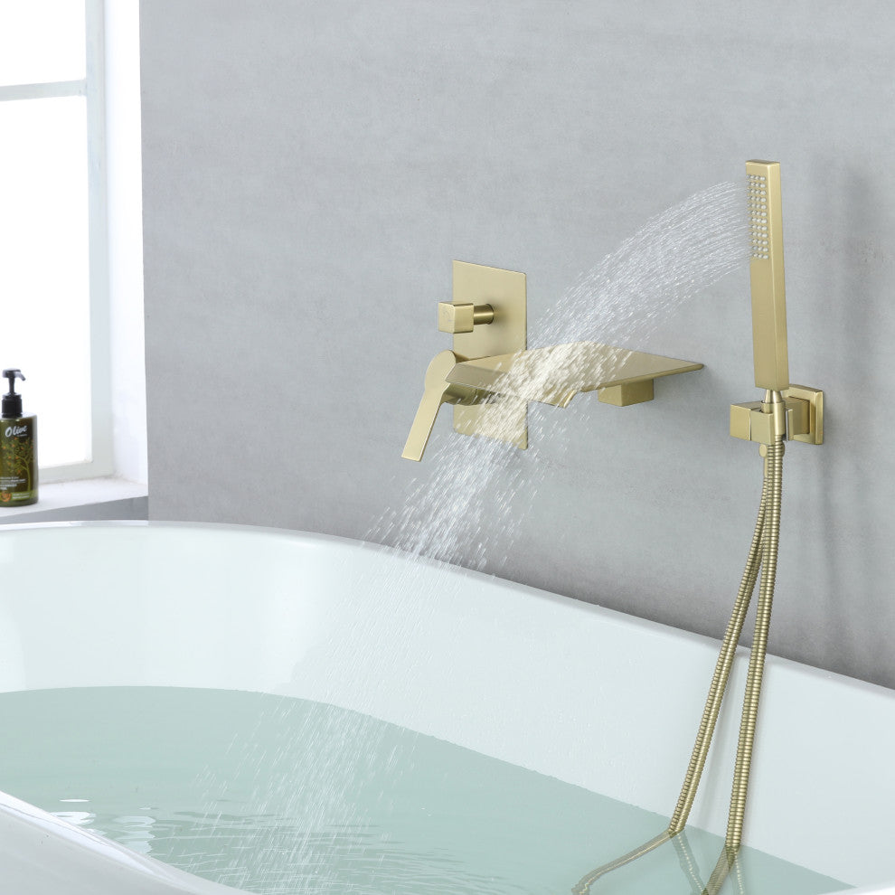Wellfor Shower Faucet Set, Waterfall Tub Spout and Hand Shower, Brushed Gold