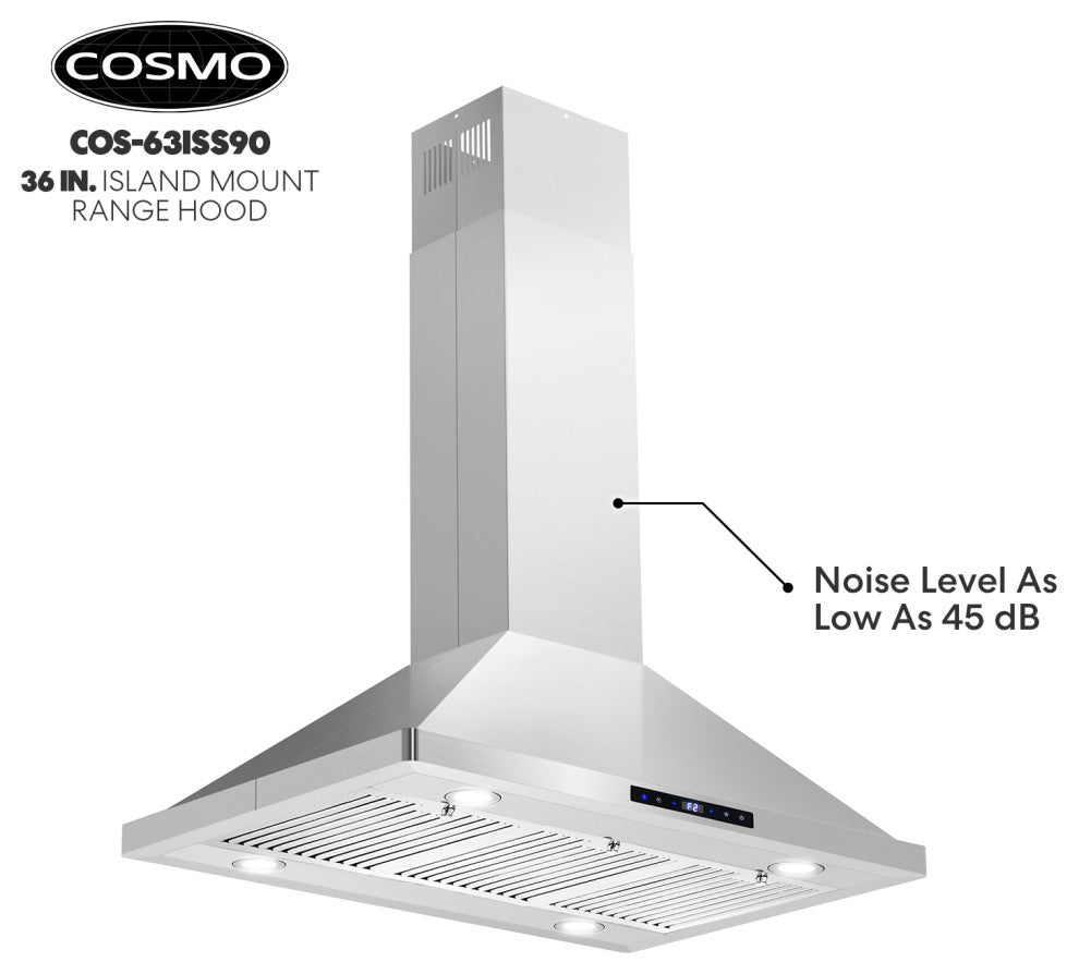 36" 380 CFM Ducted Island Range Hood with LED Lighting in Stainless Steel