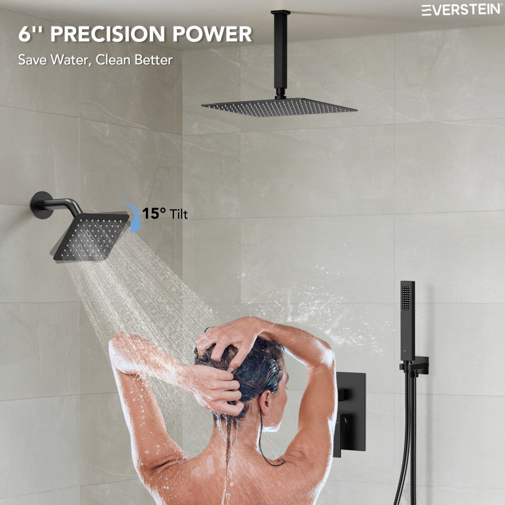 Dual Heads 3-Functions Shower System with Pressure Balancing Rough-In Valve, Matte Black