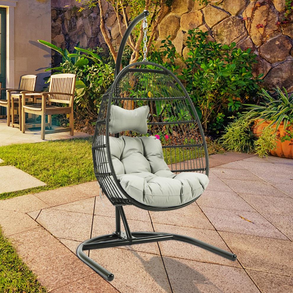 Outdoor Patio Swing Chair Egg Hanging With Cushion and Pillow, Black Beige