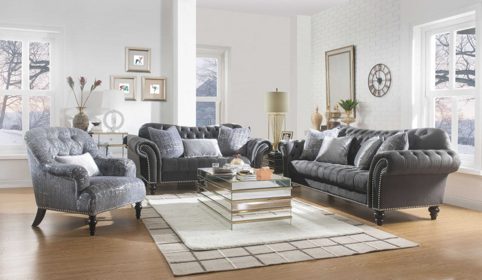 HomeRoots 79" X 37" X 37" Dark Gray Velvet Loveseat With3 Pillows