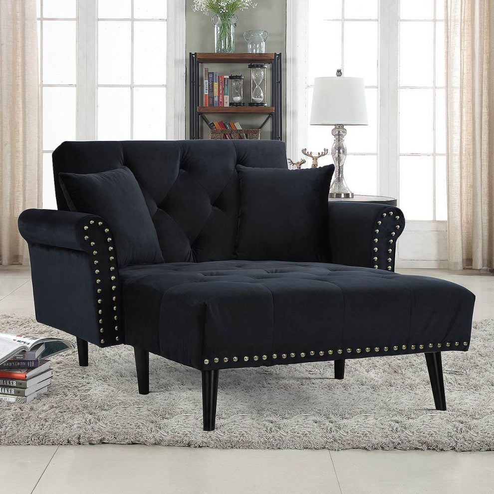 Modern Velvet Fabric Recliner Sleeper Chaise Lounge - Futon Sleeper Chair, Black