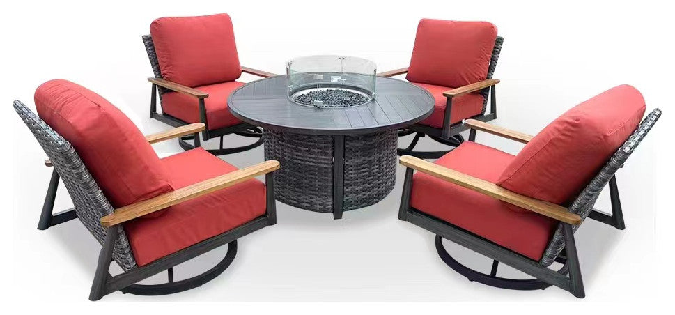 Manbo 5-Piece Aluminum Wicker Outdoor Fire Pit Deep Seating Set with Cushions, Canvas Terracotta Sunbrella