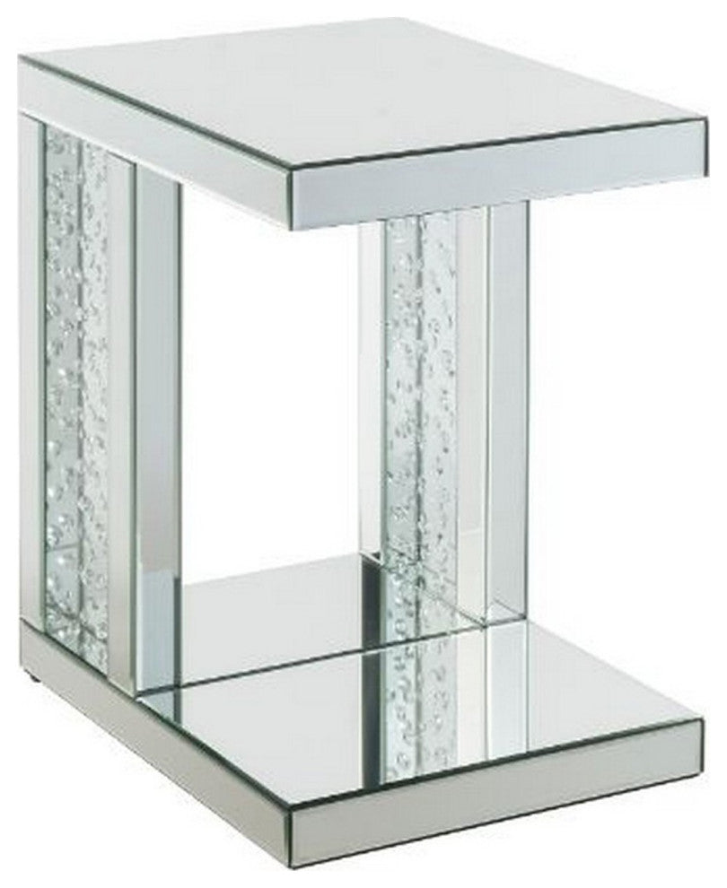 Benzara BM250644 Mirrored Accent Table With C Shape and Faux Crystals, Silver