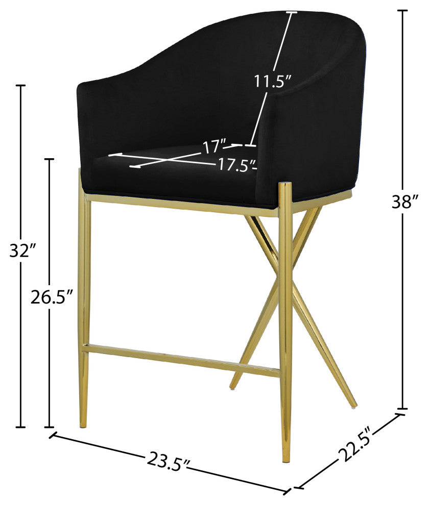 Xavier Velvet Upholstered Counter Height Stool, Black, Gold Finish