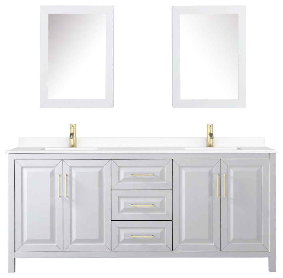 80"DBL Vanity White, White Cult. Marble Top, Sinks, Med. Cabinets, Gold Trim