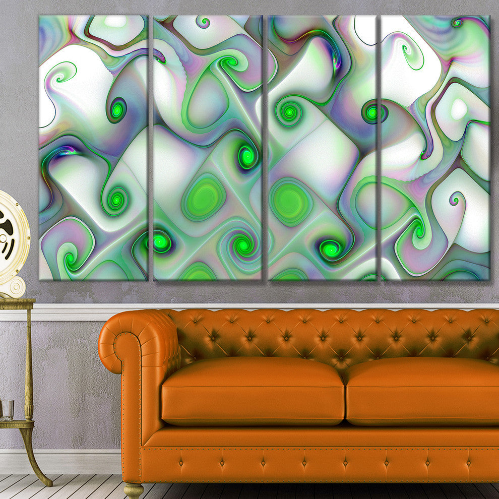 White Green Pattern with Swirls, Abstract Wall Art Canvas, 48"x28", 4 Panels