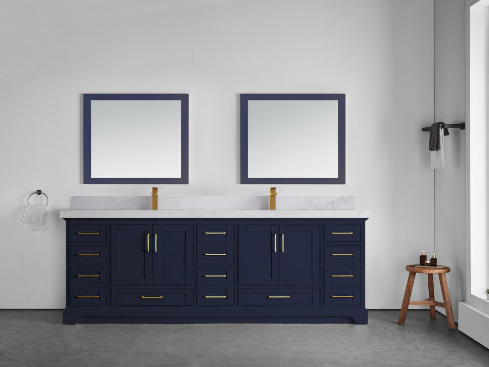 Fenway 84 Double Sink Bath Vanity in Navy Blue 2" Calacatta Nuvo