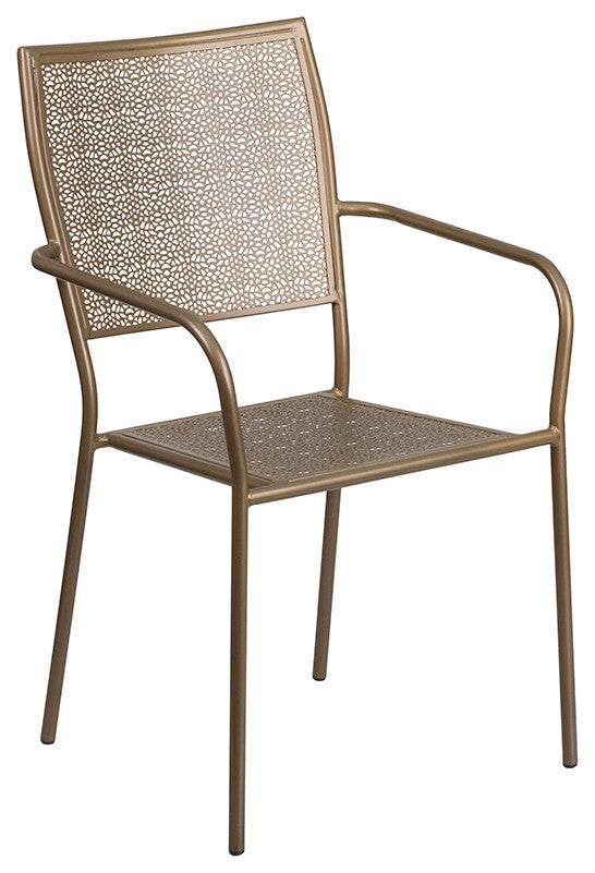 28" Square Gold Indoor-Outdoor Steel Folding Patio Table Set, 4 Back Chairs