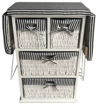 Drop Leaf Ironing Board Cabinet With shelves and woven basket storage boxes