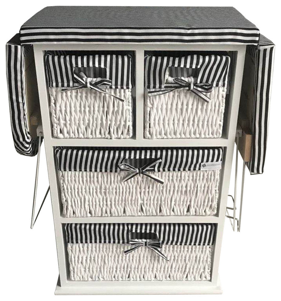 Drop Leaf Ironing Board Cabinet With shelves and woven basket storage boxes