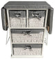 Drop Leaf Ironing Board Cabinet With shelves and woven basket storage boxes