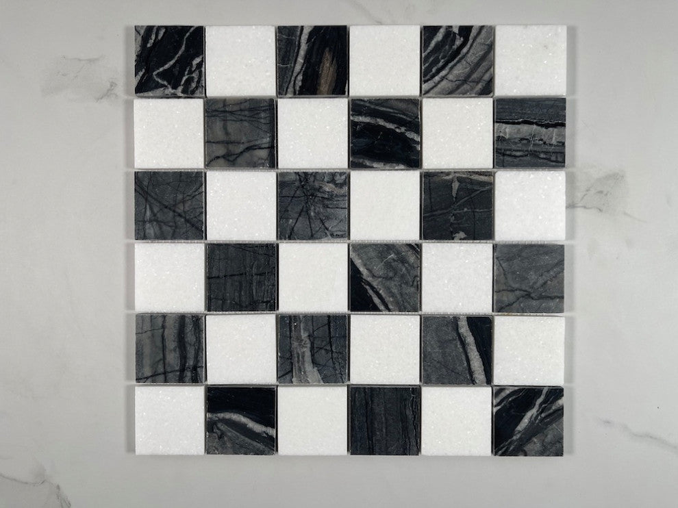 Silver Wave Black Forest Thassos White Marble Checkerboard Tile Honed, 1 sheet
