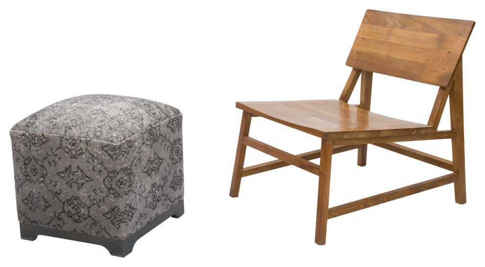 Vintage Wool Rug Upholstered Cube Ottoman