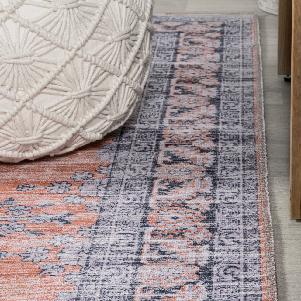 Wincer Chenille Cottage Medallion Washable Rug, Orange/Gray, 4 X 6