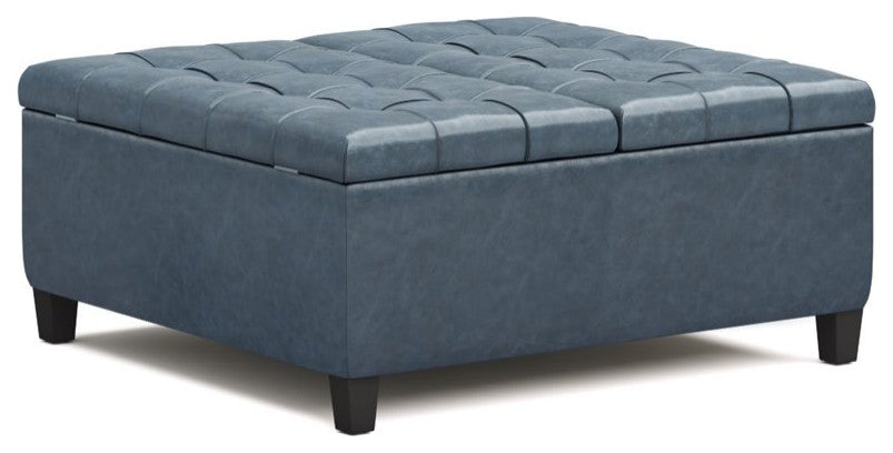 Simpli Home Harrison 36" Faux Leather Coffee Table Storage Ottoman in Denim Blue