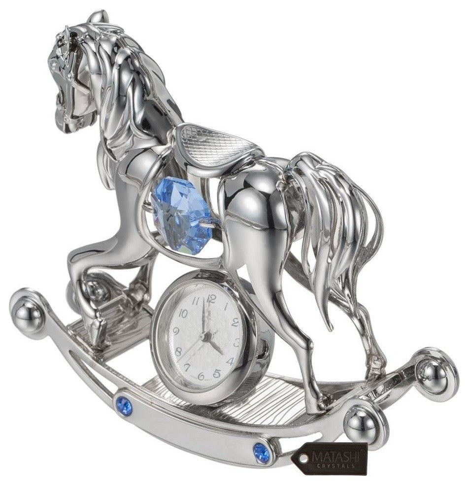 Chrome Plated Crystal Studded Silver Rocking Horse Desk Clock Ornament