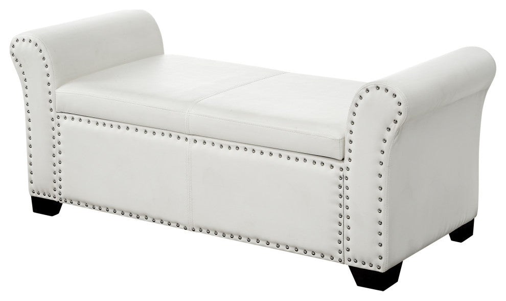 Veber PU Leather Nailhead Trim Storage Ottoman Bench, Ivory