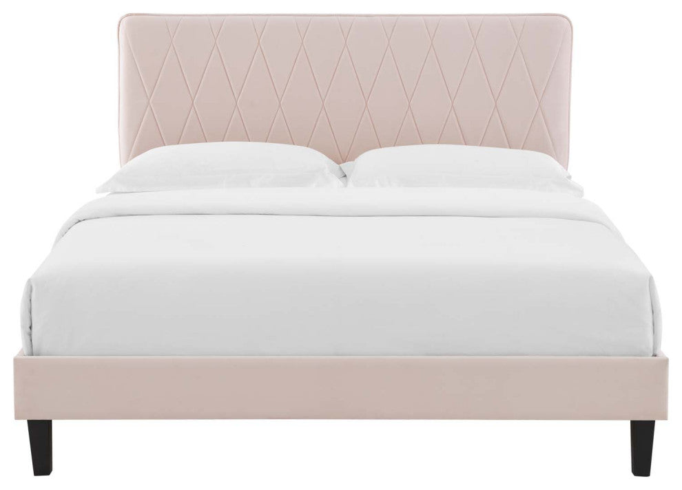 Platform Bed Frame, King Size, Velvet, Pink, Modern Contemporary, Bedroom Master