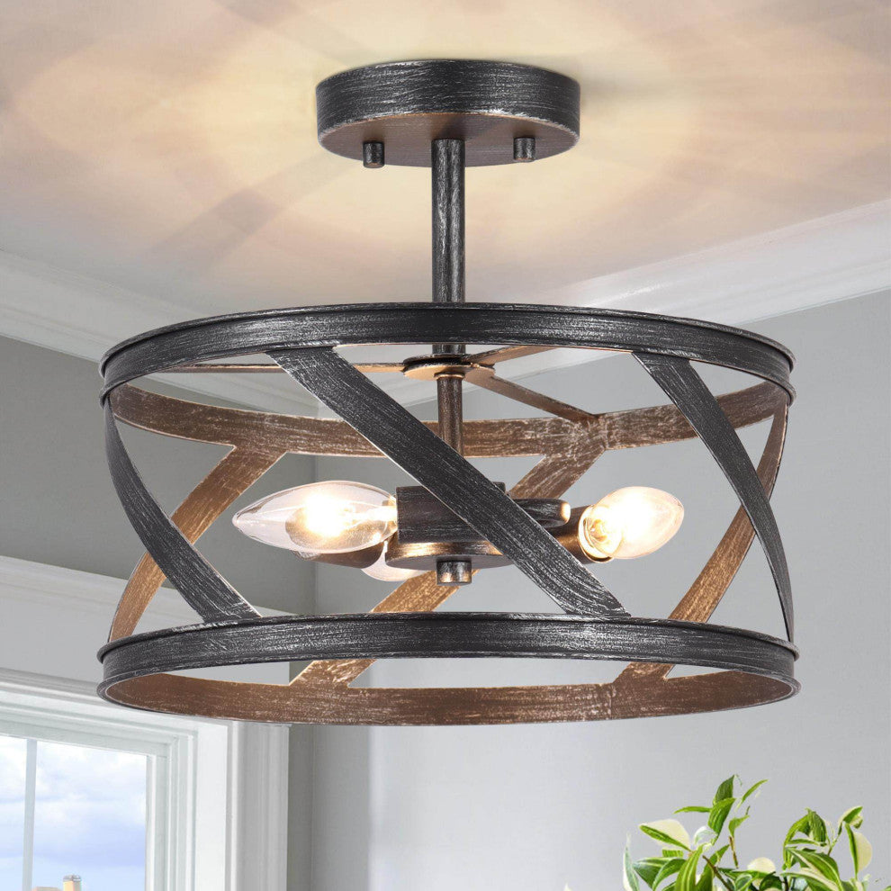 LNC 3-Light Metal Brushed Black Semi-Flush Mount Ceiling light, Drum, Industrial