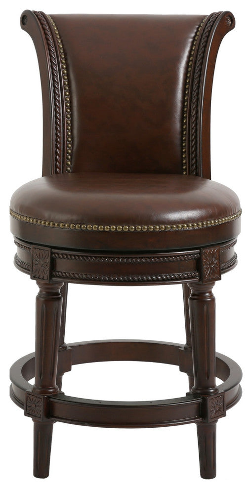 25" Dark Brown Faux Leather and Solid Wood Counter Height Swivel Bar Chair