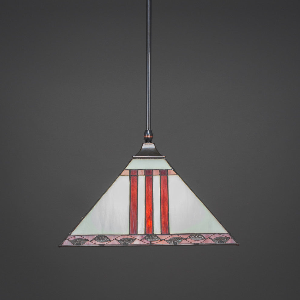 Stem Hung Pendant In Black Copper, 14" Purple and Metal Leaf Tiffany Glass