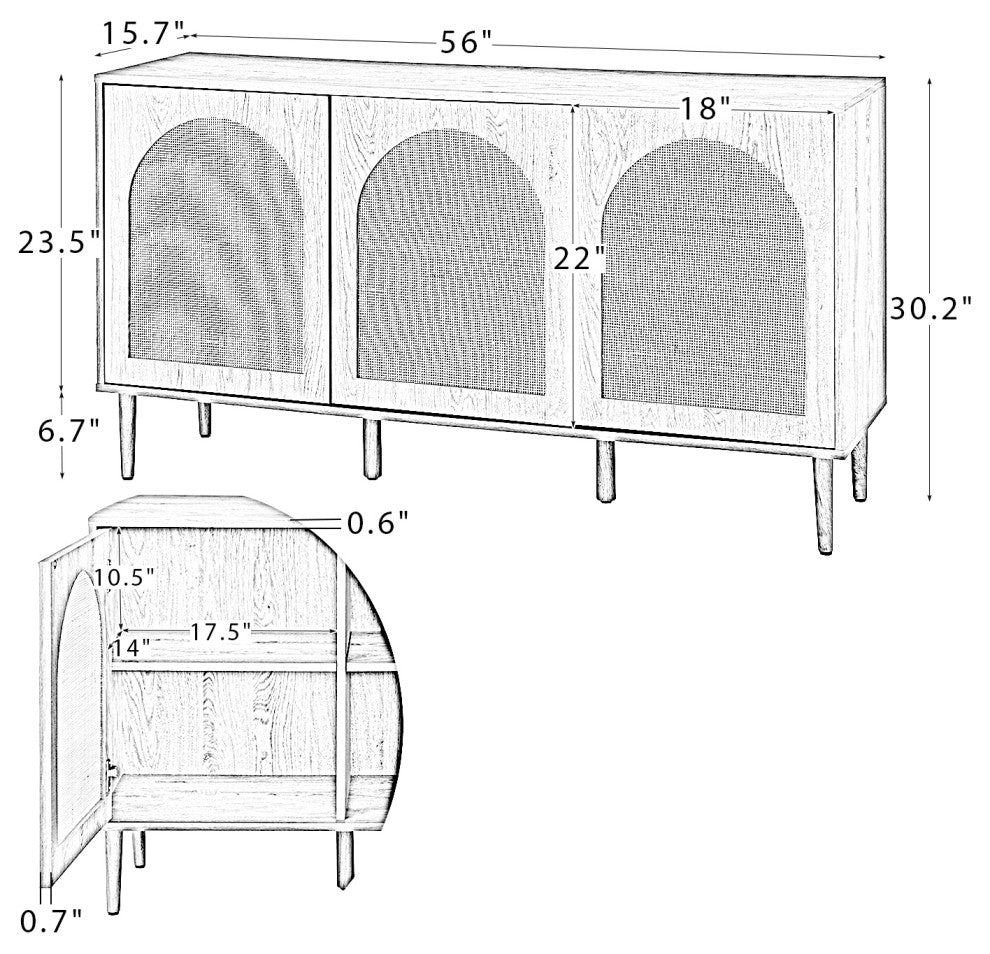 3-doors Modern Sideboard Cabinet With Rattan Design, Oak