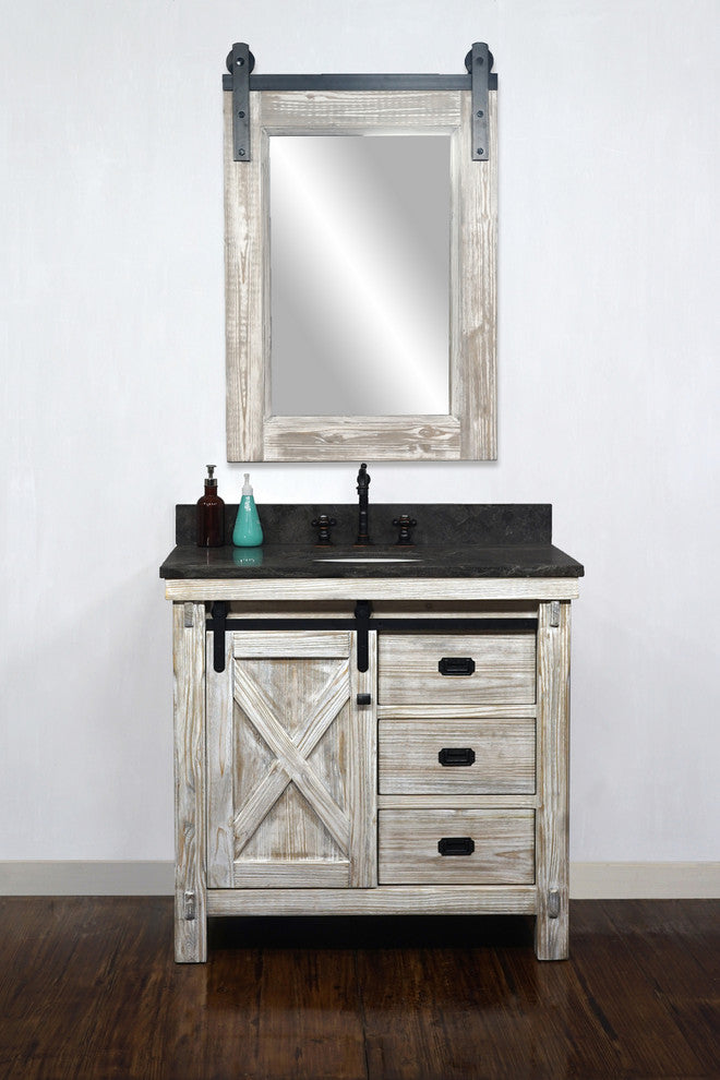 37" Rustic Solid Fir Barn Door Style Single Sink Vanity Marble Top, Wk8536-W+wk Top