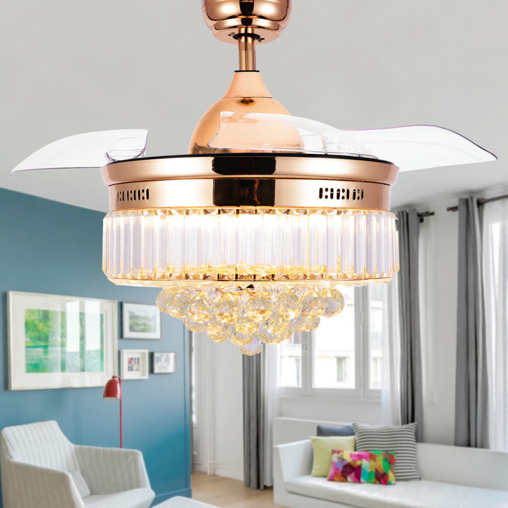 Unique Caged Ceiling Fan with Remote, LED light, Retractable Blades, French Gold
