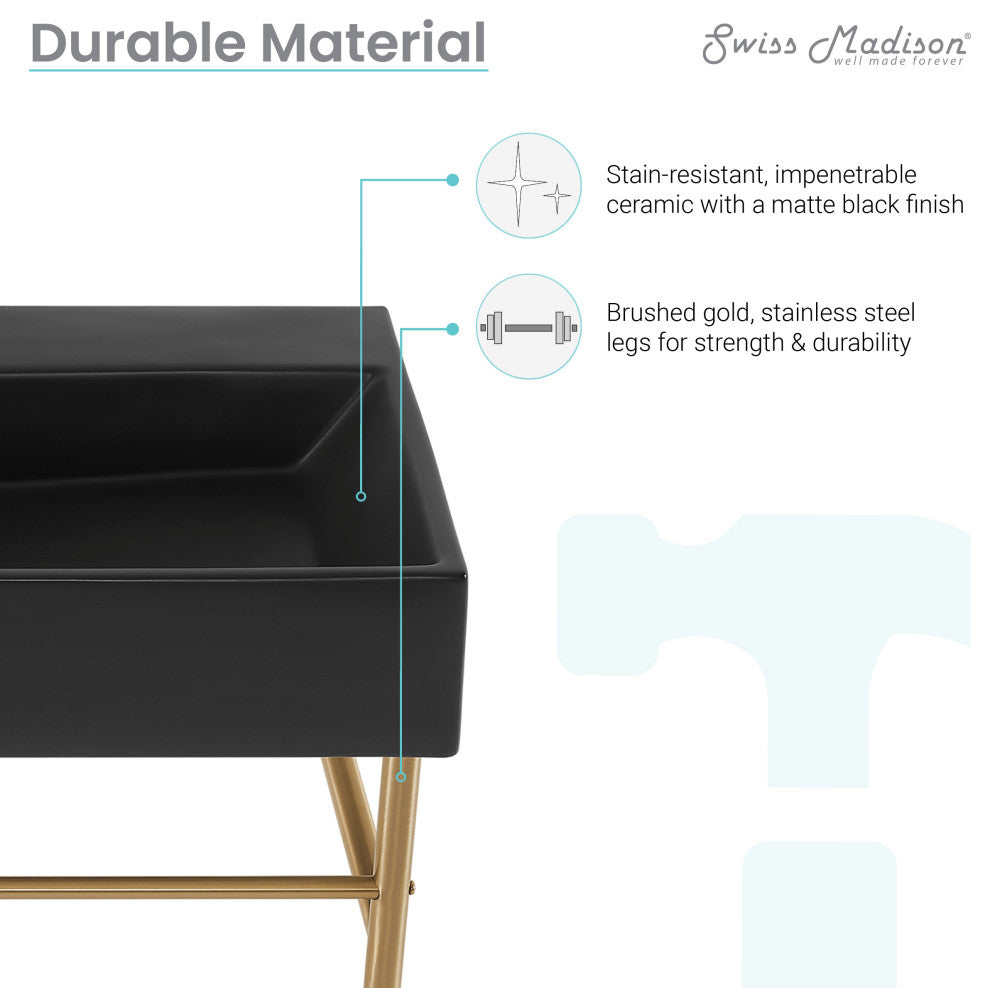 Claire 30" Ceramic Console Sink Matte Black Basin Gold Legs, Brushed Gold
