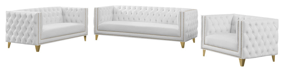 Michelle Fabric Upholstered Chair, Gold Iron Legs, White, Vegan Leather, Loveseat