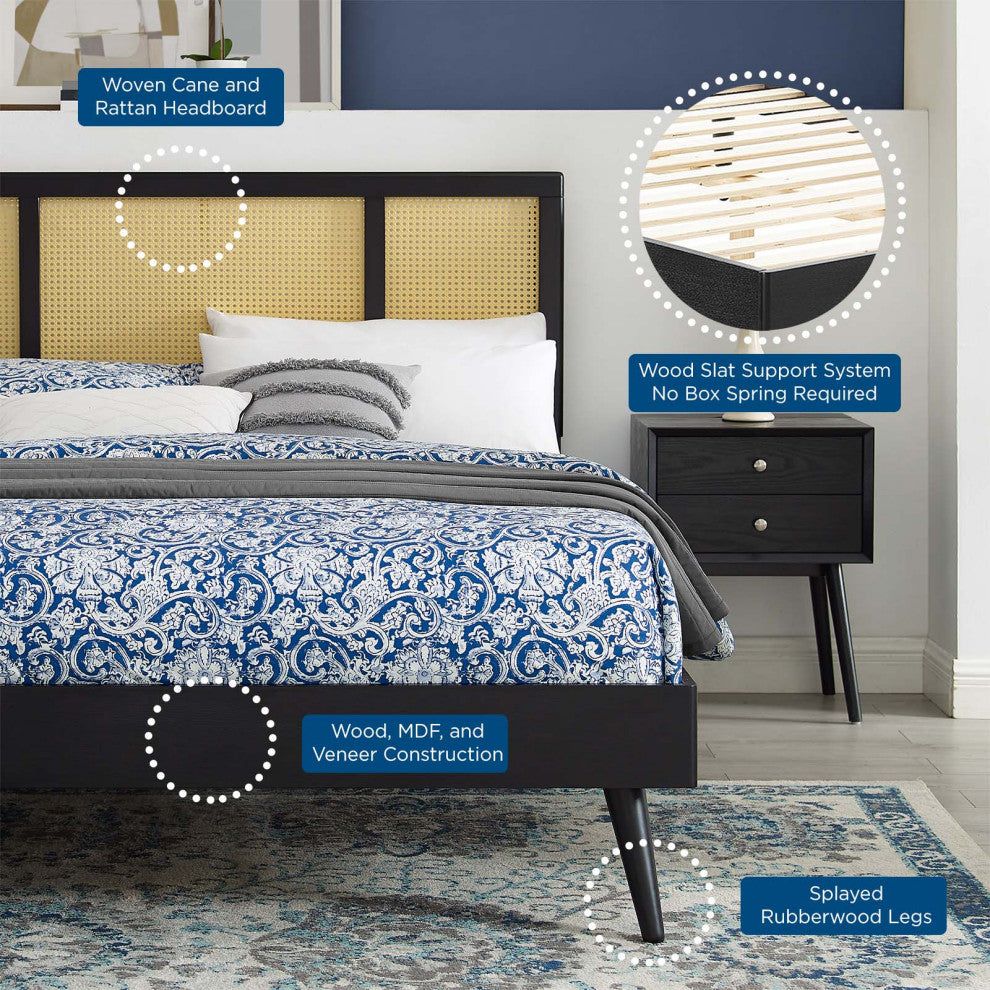 Kelsea Cane and Wood King Platform Bed With Splayed Legs MOD-6698-BLK