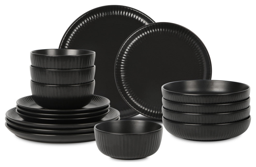 Stone Lain Logan Stoneware 16 Piece Dinnerware Set With Pasta Bowls, Black
