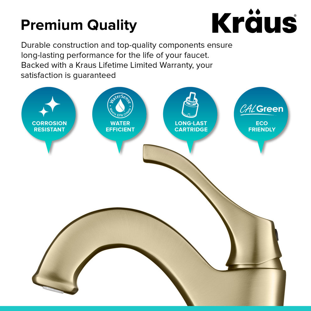 Kraus Arlo Single Handle Vessel Faucet, Pop Up Drain, Brushed Gold, Set of 2