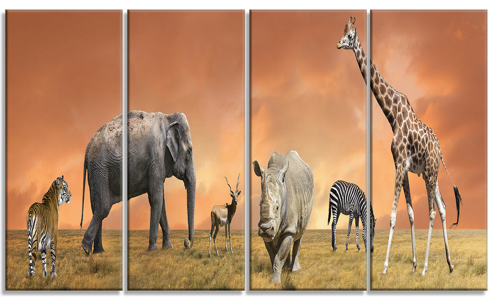 Savannah Wildlife Panorama, African Canvas Art Print, 48"x28", 4 Panels