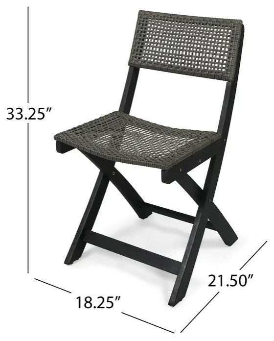 Set of 4 Folding Table, Acacia Wood Frame With Woven Brown Wicker Seat & Back