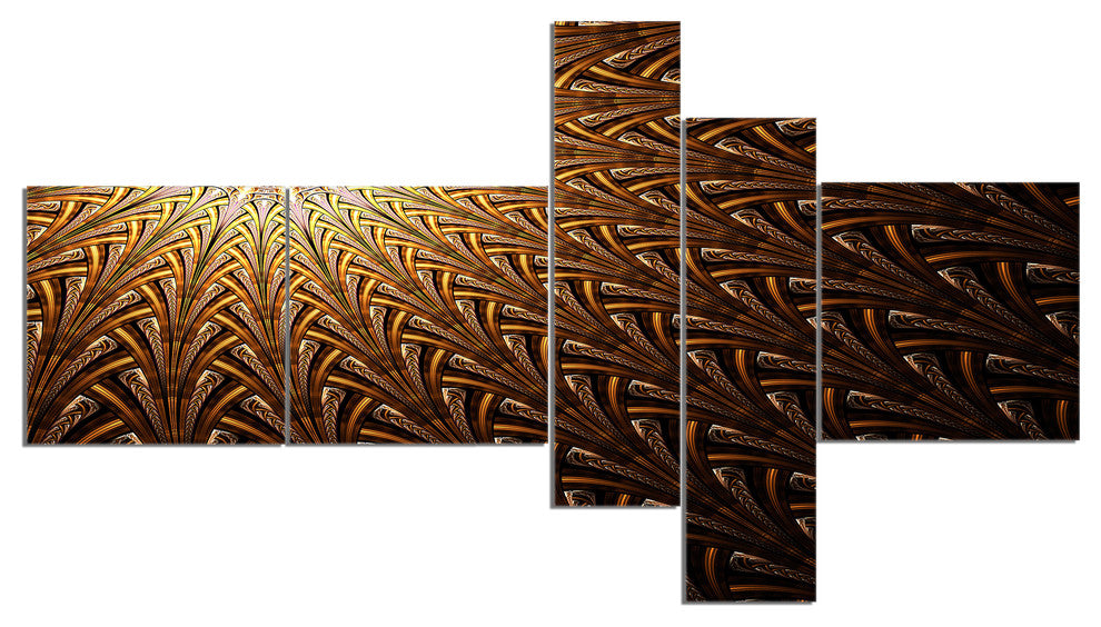 Dark Orange Fractal Flower Pattern, Abstract Wall Art Canvas, 60"x32", 5 panels