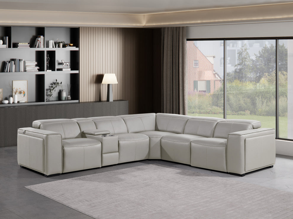 Niccolo Top Grain Italian Leather 6-Piece L-Shaped Power Reclining Sectional, Light Grey