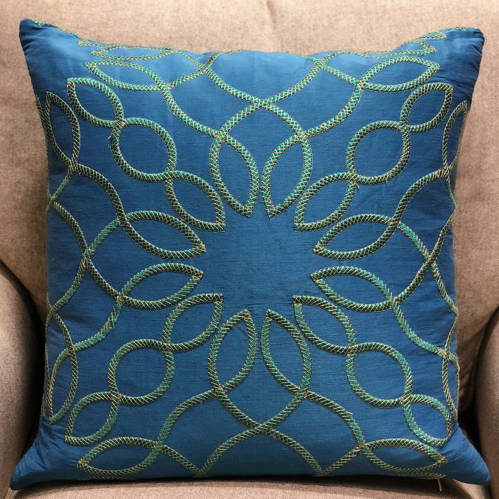 Plutus Calico Island Blue and Green Geometric Luxury Throw Pillow, 26"x26"