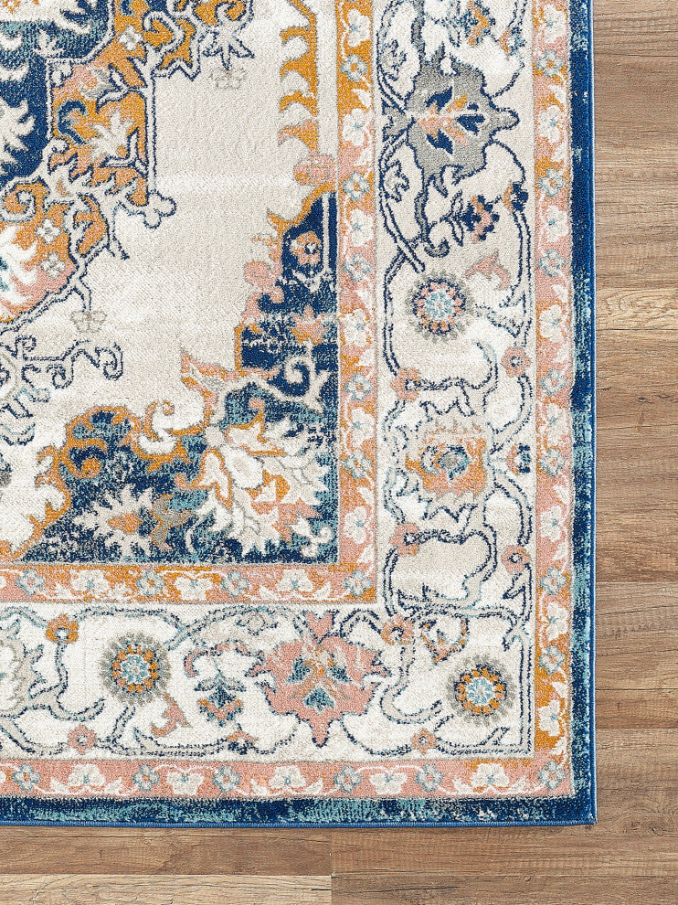 Abani Porto PRT180A Traditional Vintage Ivory and Navy Area Rug