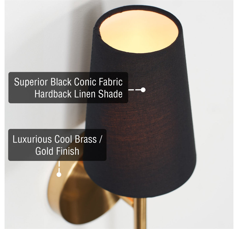 Kira Home Torche II 15" Wall Sconce/Wall Light + Black Linen Shade, Cool Brass