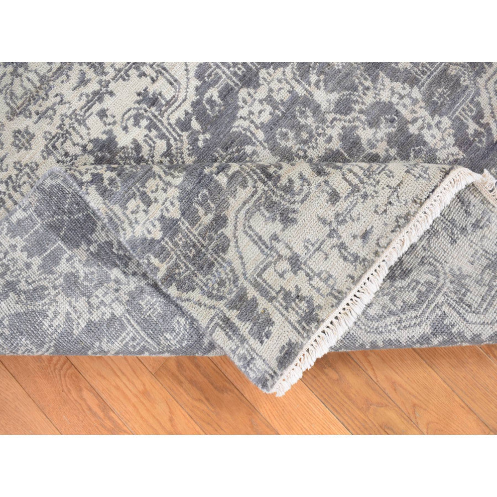 Ivory Hand Knotted Wool and Silk Geometric Mughal Design Oriental Rug, 7'9"x10'