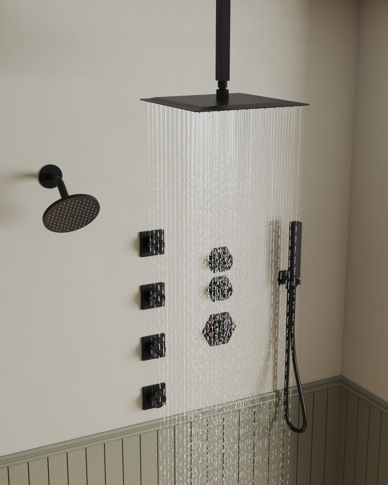 Themostatic Shower System 12" High-Pressure Dual Heads, Matte Black