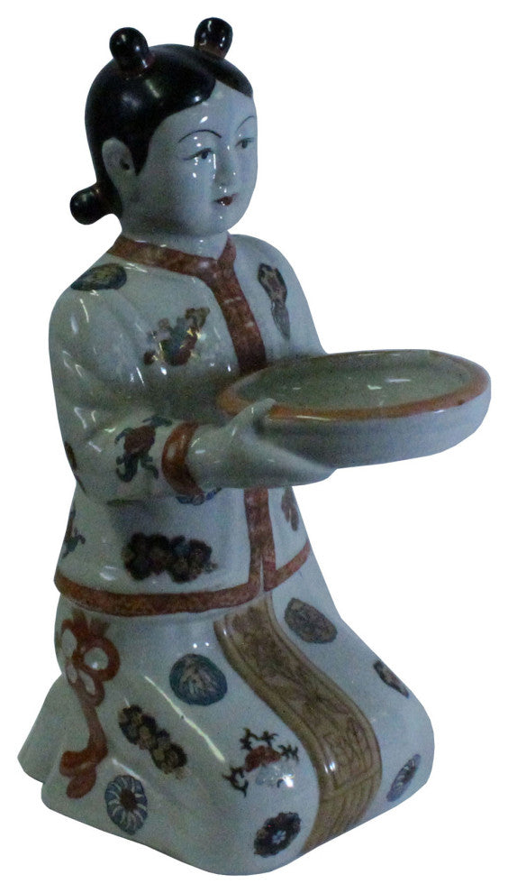 Oriental Vintage Ceramic Kneeling Lady Holding Dish Figure