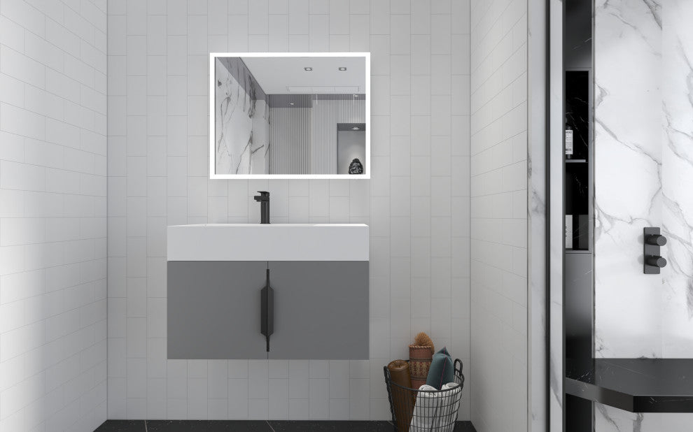 CastelloUSA Amazon 30" Left Wall Mounted Bathroom Vanity Set, Gray, White Top, Black Handles