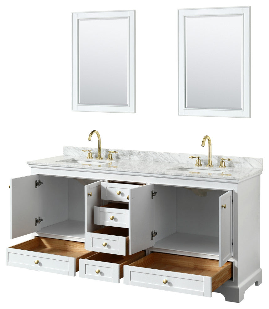 72"DBL Bath Vanity White, Carrara Countertop, Sinks, Gold Trim, 24" Mirrors