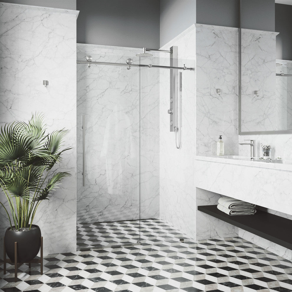 VIGO Elan E-Class 68" to 72" W x 76" H Frameless Sliding Shower Door, Stainless Steel, Clear Glass