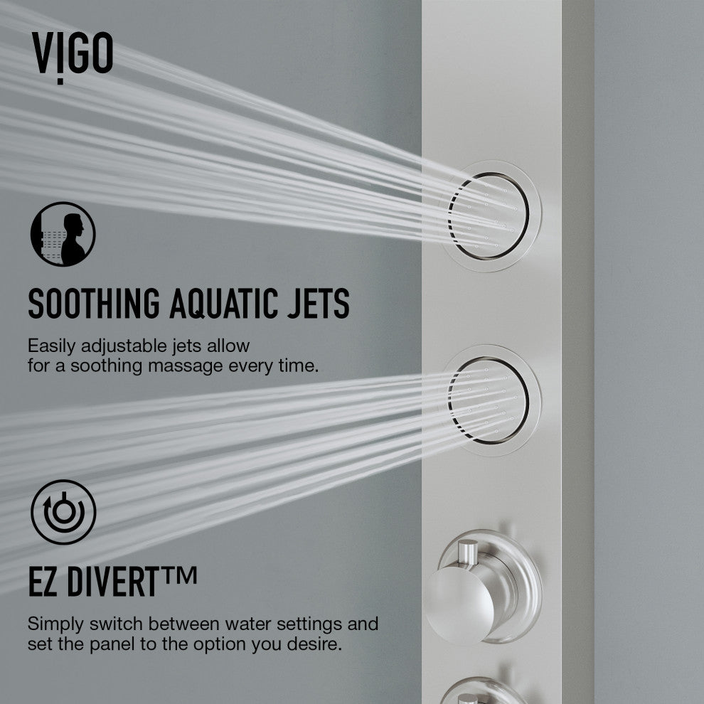 Bowery 58" H x 4" W 4-Jet Shower Panel with Round Shower Head and Tub Filler, Stainless