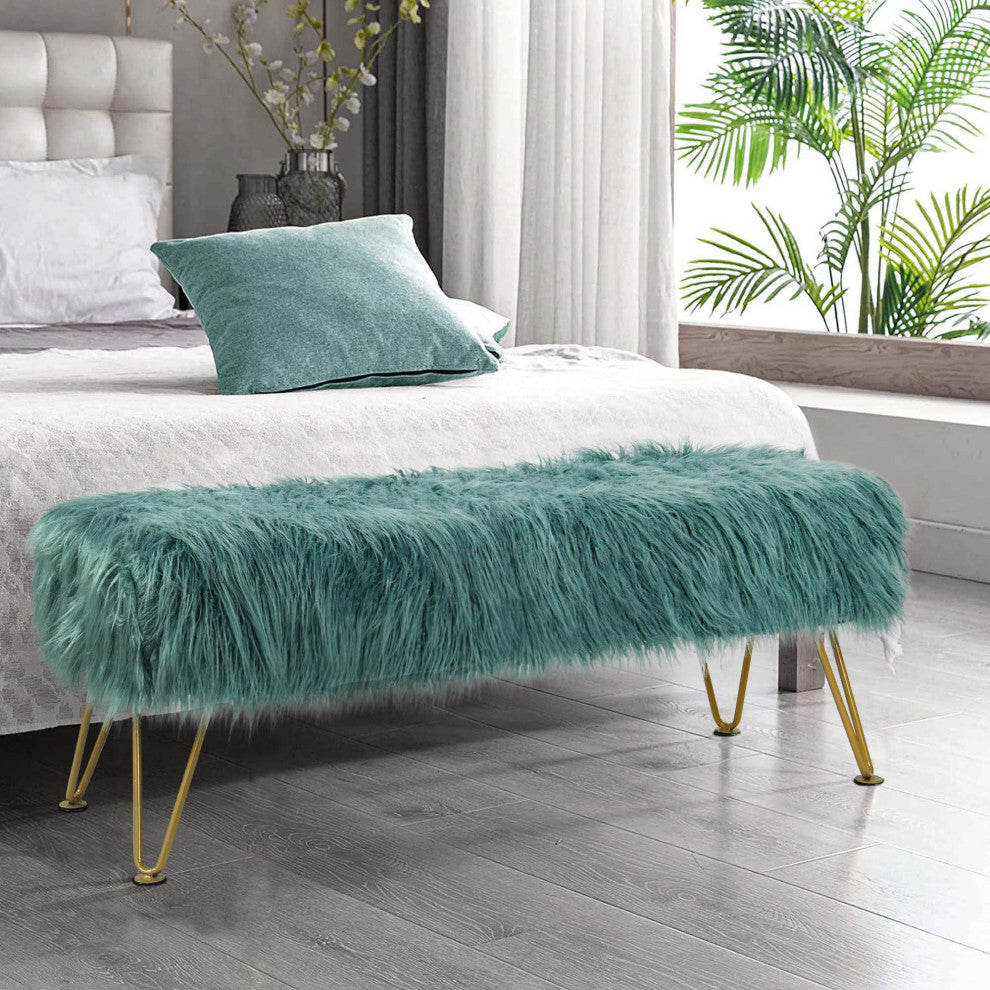 Mongolian Faux Fur Upholstered Ottoman Bench, Oil Blue, 46x16x22